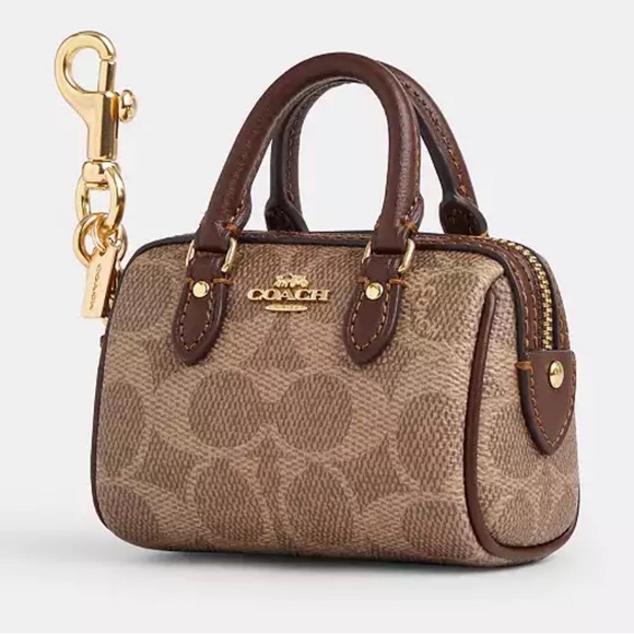 COACH Mini Rowan Bag Charm In Signature Canvas - Gold / Tan / Brown - CX068 - Picture 1 of 5